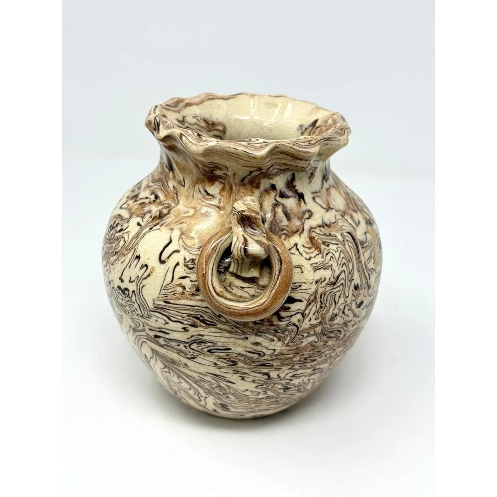 Japanese Nerikomi Neriage Marbled Agateware Pottery Vase with Ring Handles